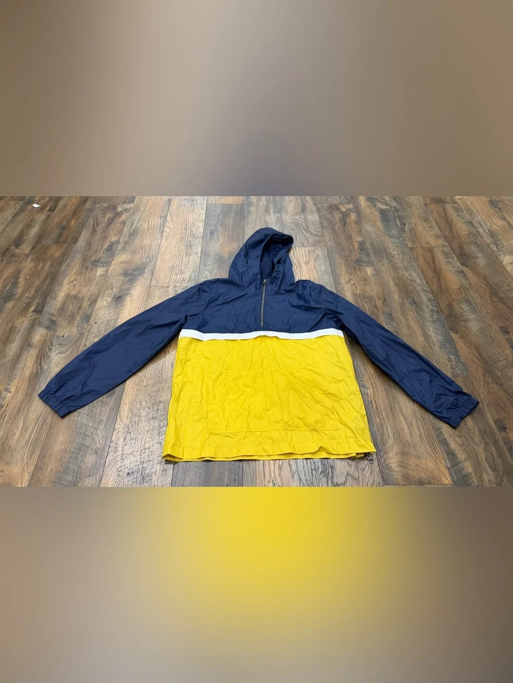 Old Navy Boys Windbreaker Jacket Size XL 14-16 Navy Yellow Colorblock Hooded Zip